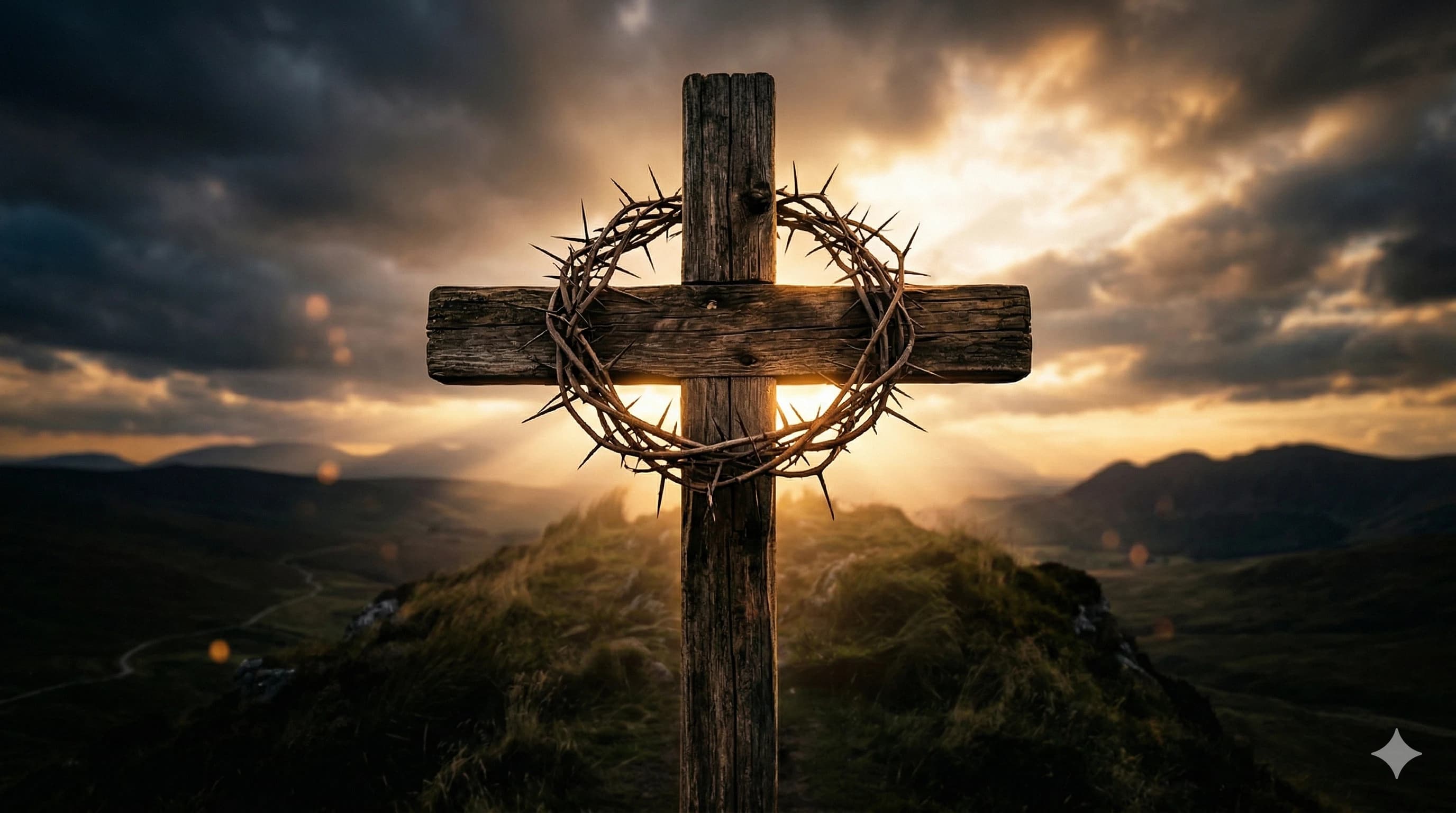 The cross of Jesus Christ with crown of thorns, light breaking through the clouds
