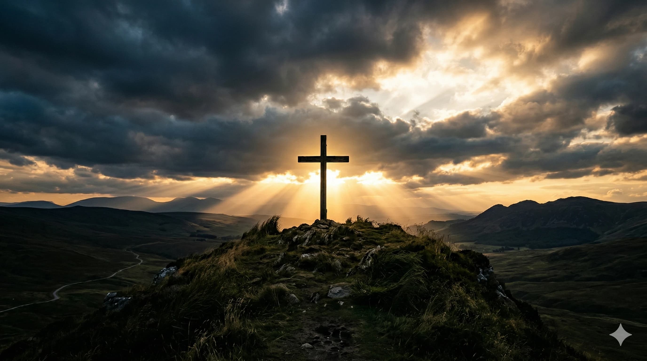 Cross standing on a hilltop with divine light rays piercing through clouds