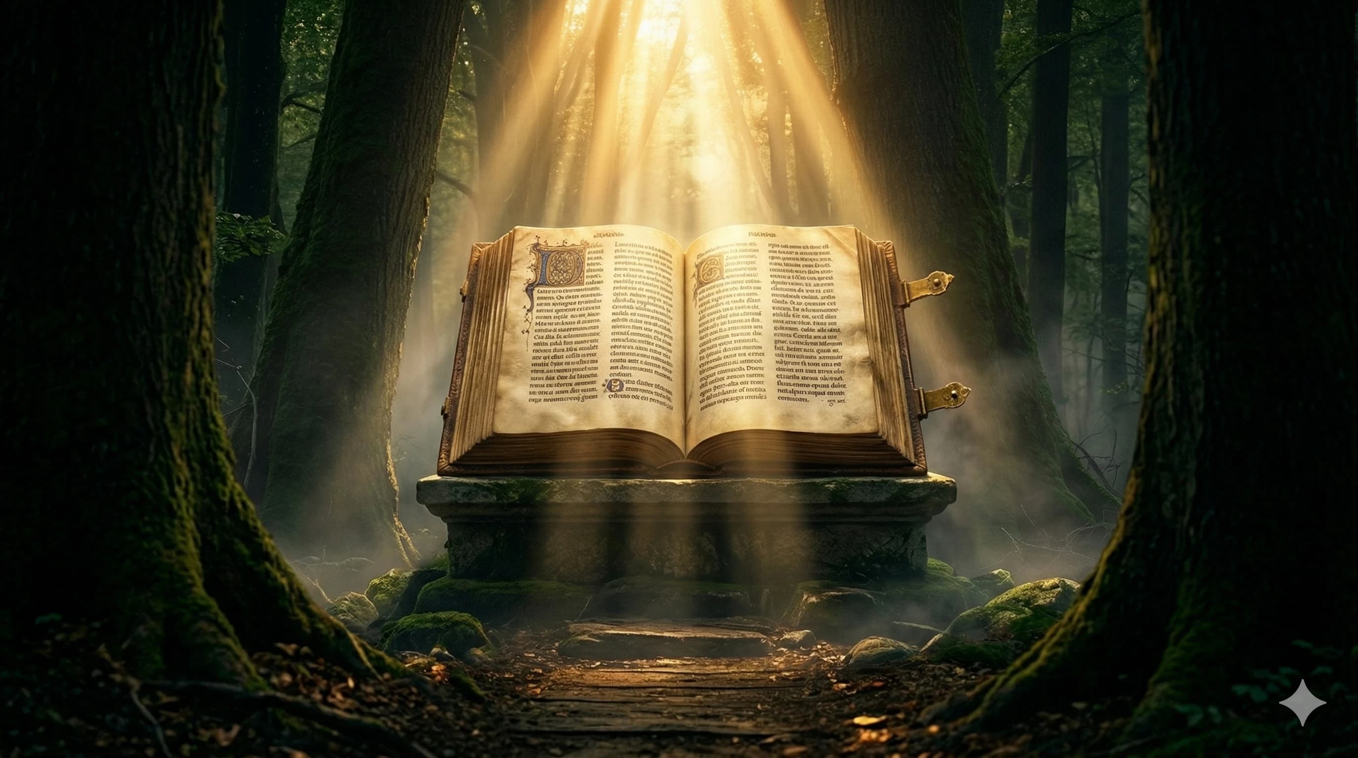 An open Bible illuminated by warm golden morning light