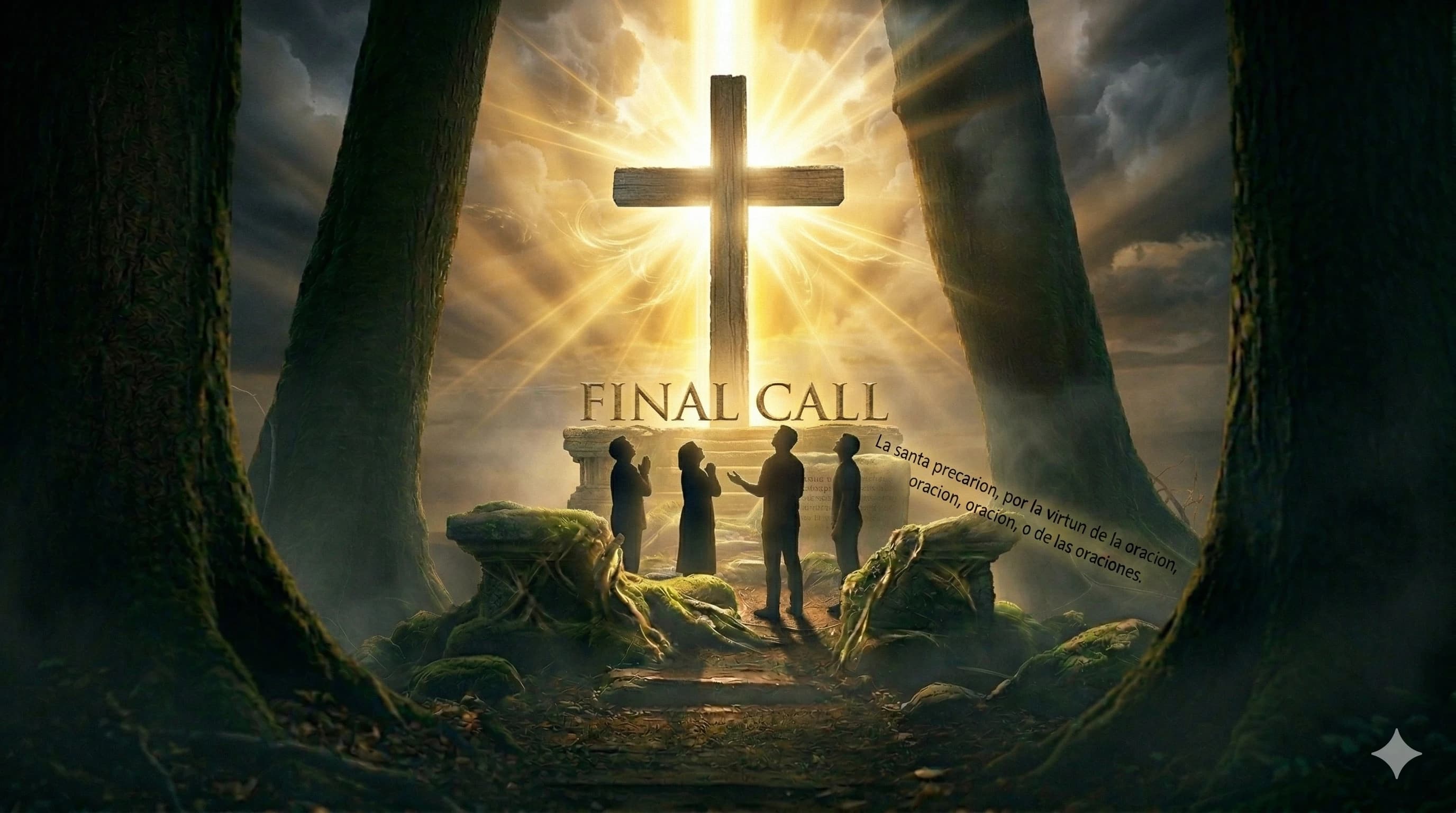 A radiant cross with glory light streaming behind it — the final call