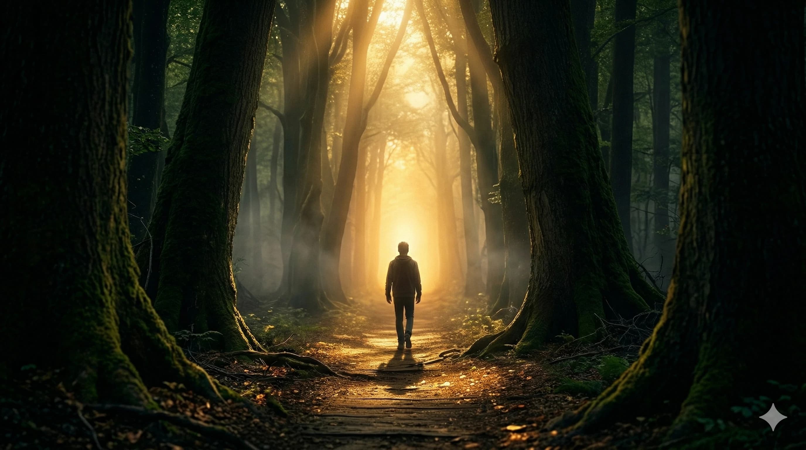 A person walking down a narrow forest path toward radiant golden light