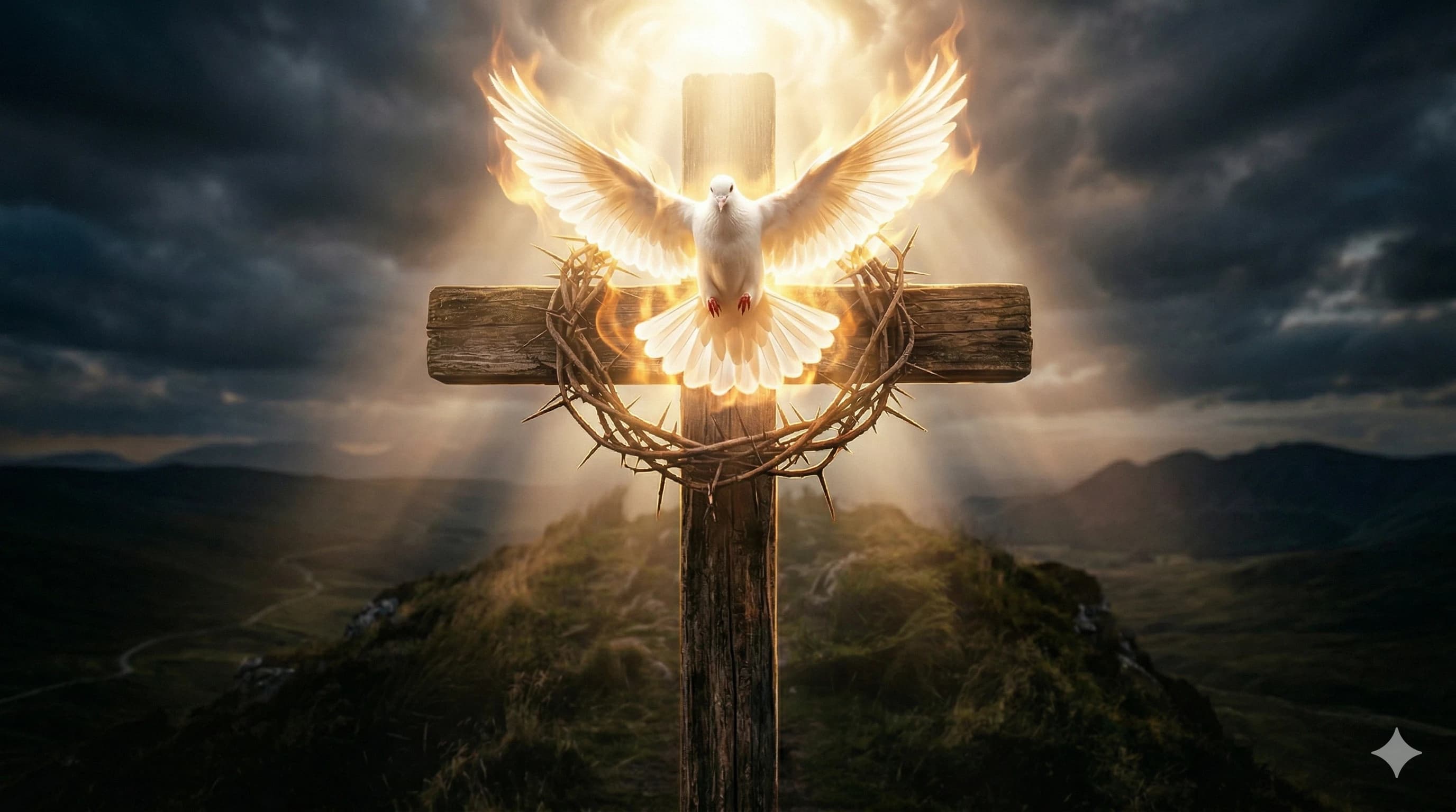 The Holy Spirit descending as a dove with fire and light upon the cross