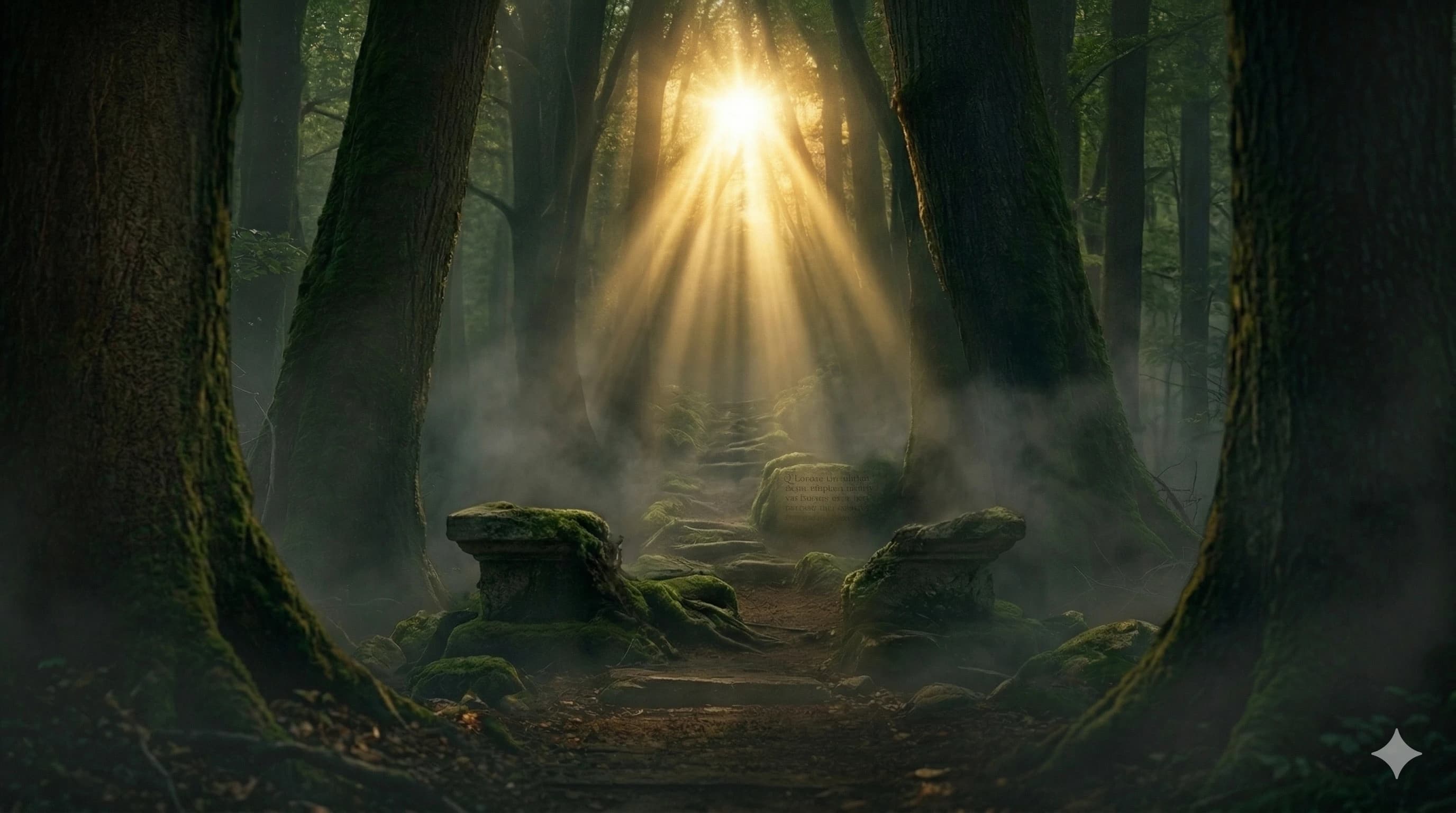 A sacred path stretching toward divine light through a misty forest