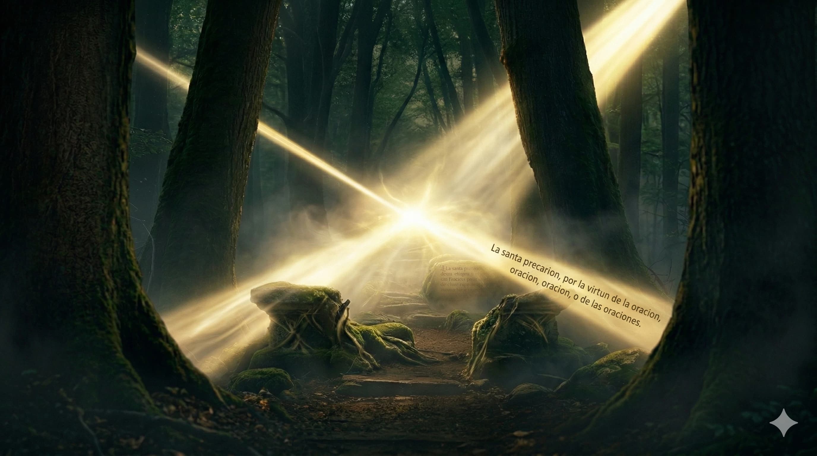 Four beams of golden light converging in a sacred space