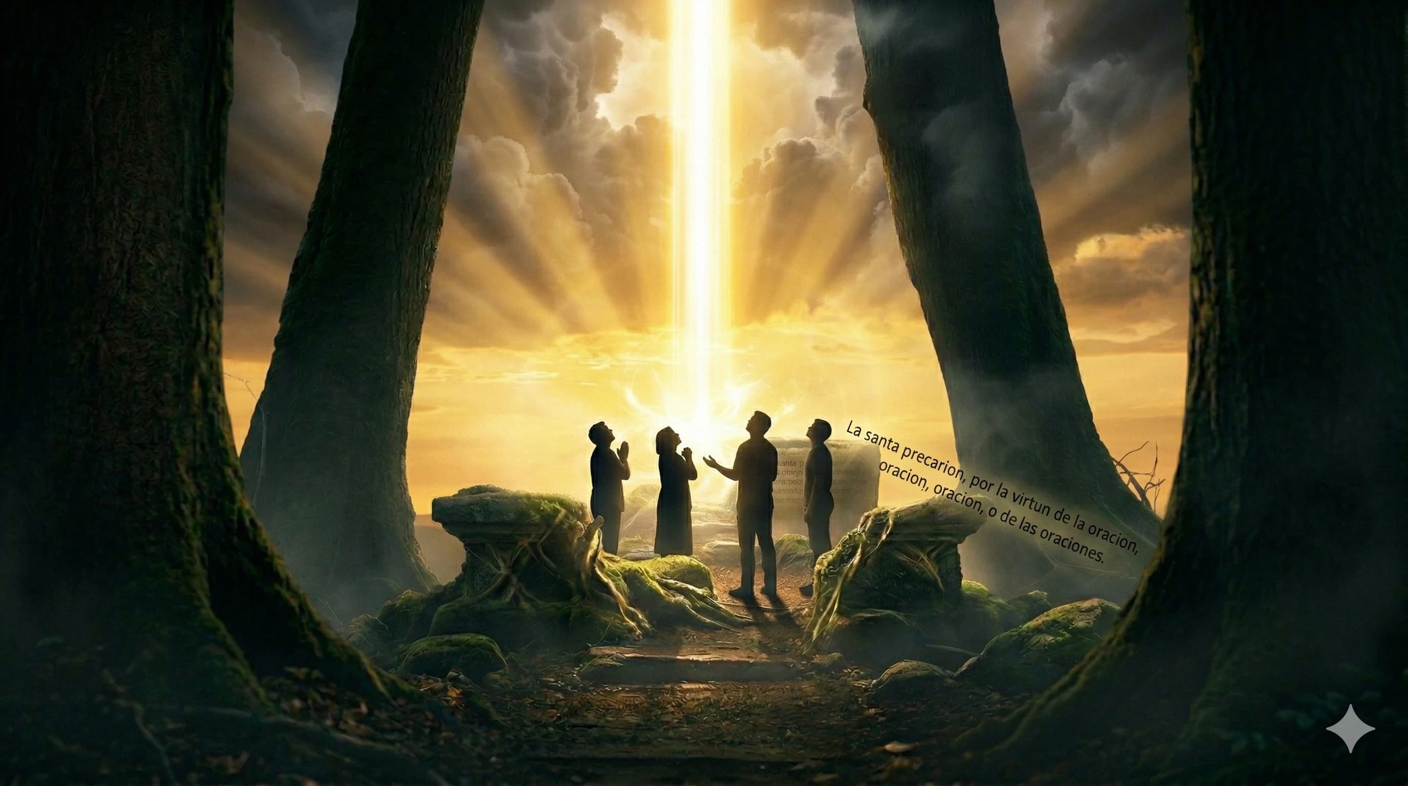 Silhouettes reaching toward a hopeful sky filled with golden light